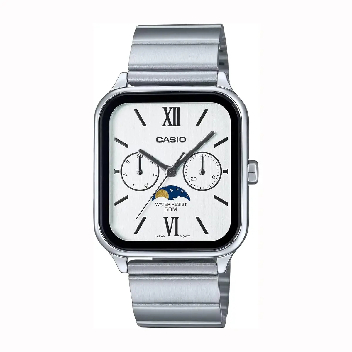 CASIO MTP-M305D-1A2VDF Moon Chaser Roman Hour Marker Silver Chain Unisex Analog Watch – Dial Color: White, Strap Color: Silver – View 1
