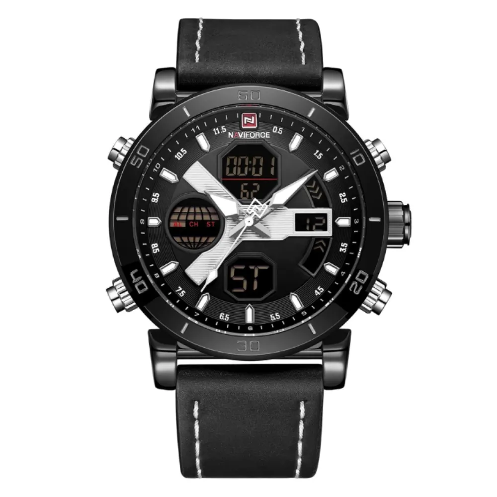 Naviforce 9132 Sport Military Dual Display Multifunction Men's Watch – Dial Color: White, Strap Color: Black – View 1