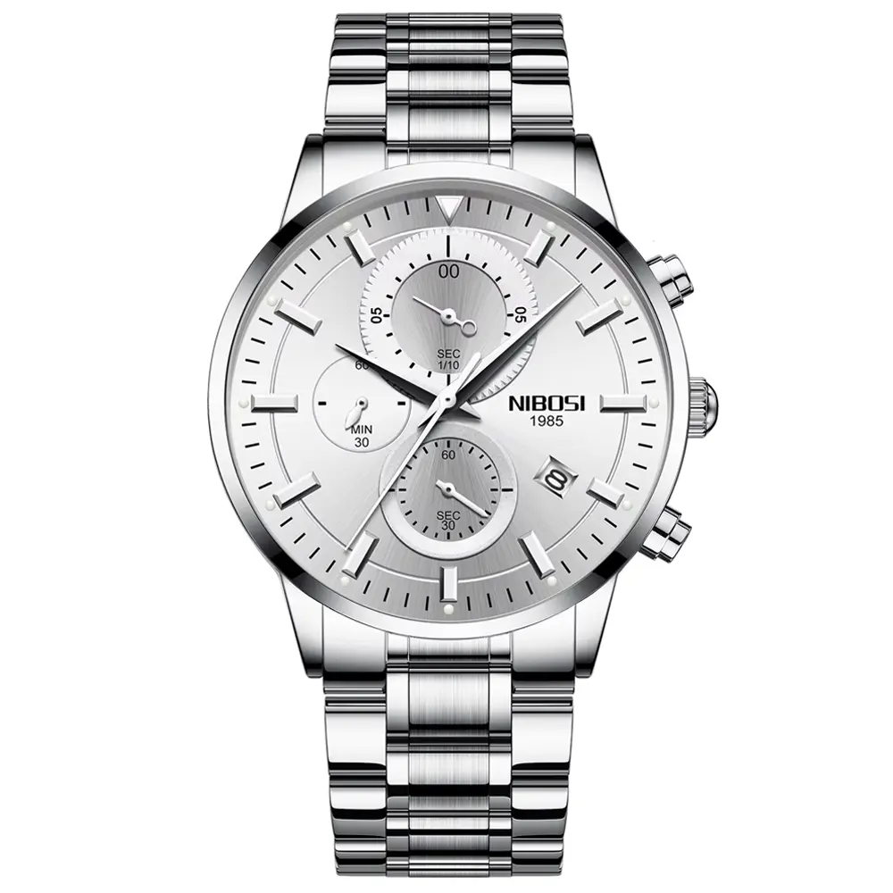 Nibosi 2390 Stainless Steel Chronograph Analog Men's Watch – Dial Color: Silver, Strap Color: Silver – View 1