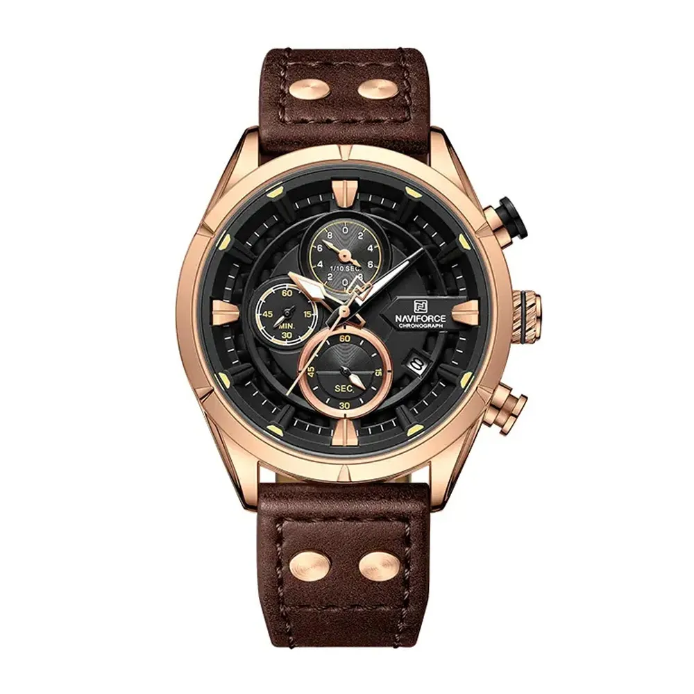 Naviforce NF8045 Vintage Sports Genuine Leather Men's Watch – Dial Color: Rose, Strap Color:  Brown  – View 1