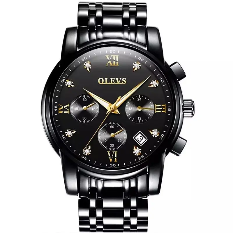 OLEVS 2858 Stainless Steel Waterproof Chronograph Luminous Men's Watch – Dial Color: Black, Strap Color: Black – View 1