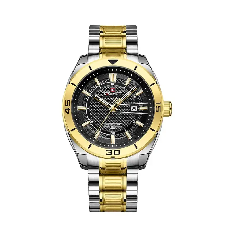 Naviforce NF9210 Luxury Stainless Steel Quartz Analog Men's Watch – Dial Color: Black, Strap Color: Gold – View 1