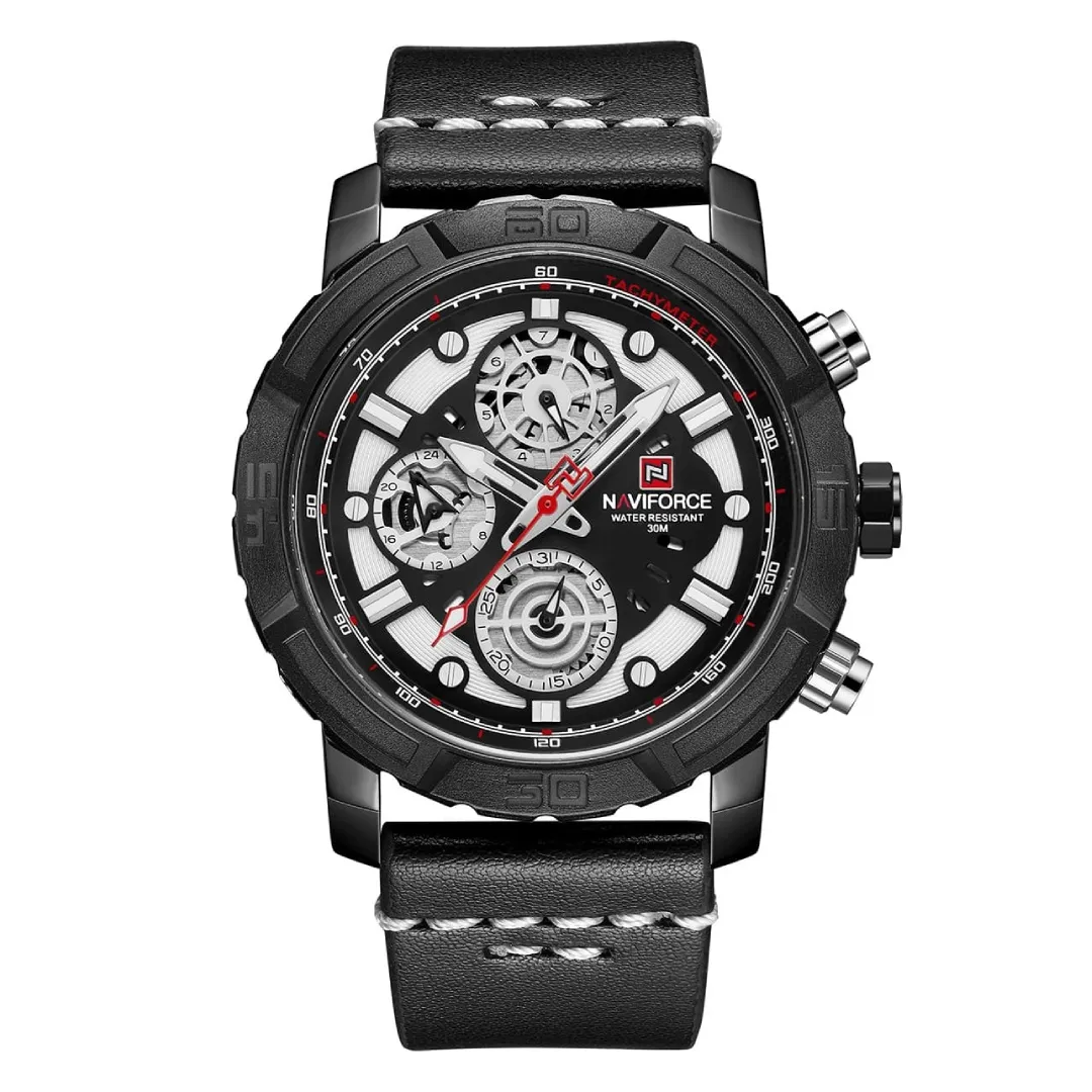 NAVIFORCE NF9139 PU Leather Chronograph Men's Watch – Dial Color: White, Strap Color: Black – View 1