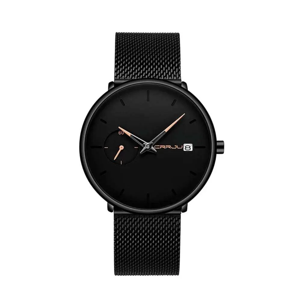CRRJU 2258 Effortless Sophistication High Quality Black Stainless Steel Simple Casual Men's Watch – Dial Color: Orange, Strap Color: Black – View 1