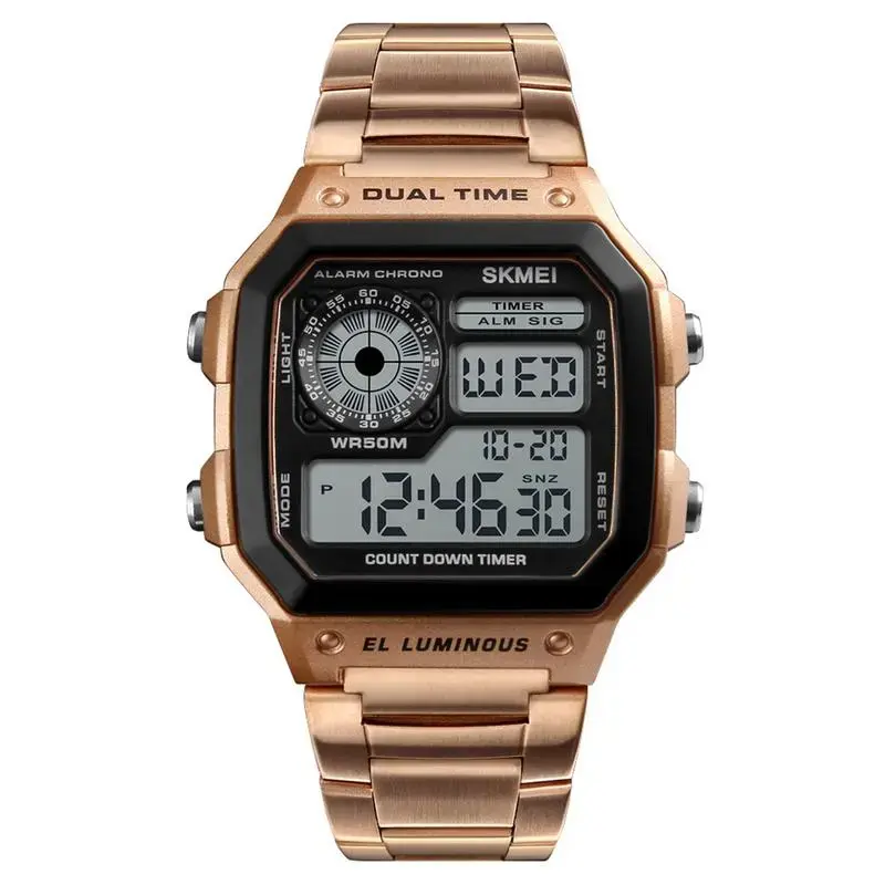 SKMEI 1335 Digital Multifunctional Stainless Steel Sporty Men's Watch – Dial Color: Black, Strap Color: Rose – View 1