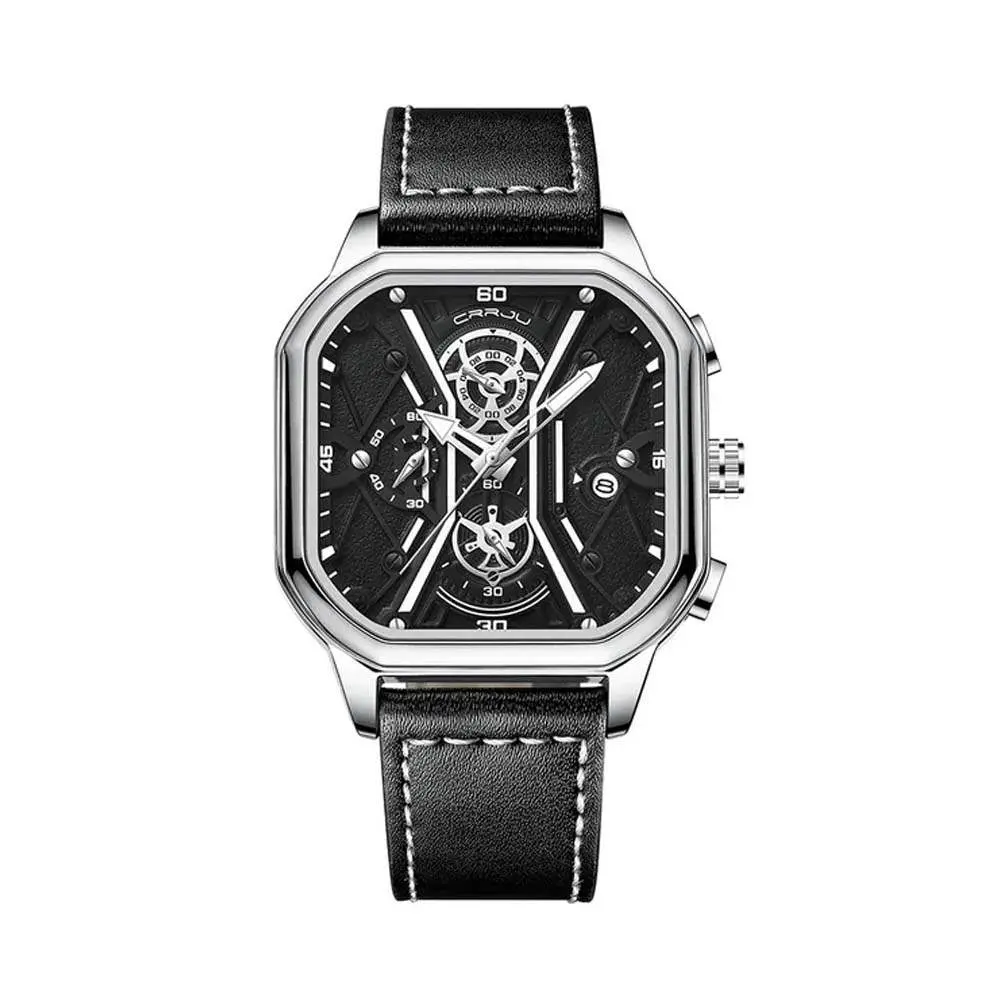CRRJU 2313 Comfortable Genuine Leather Strap Multifunctional Chronograph Casual Men's Watch – Dial Color: Silver, Strap Color: Black – View 1