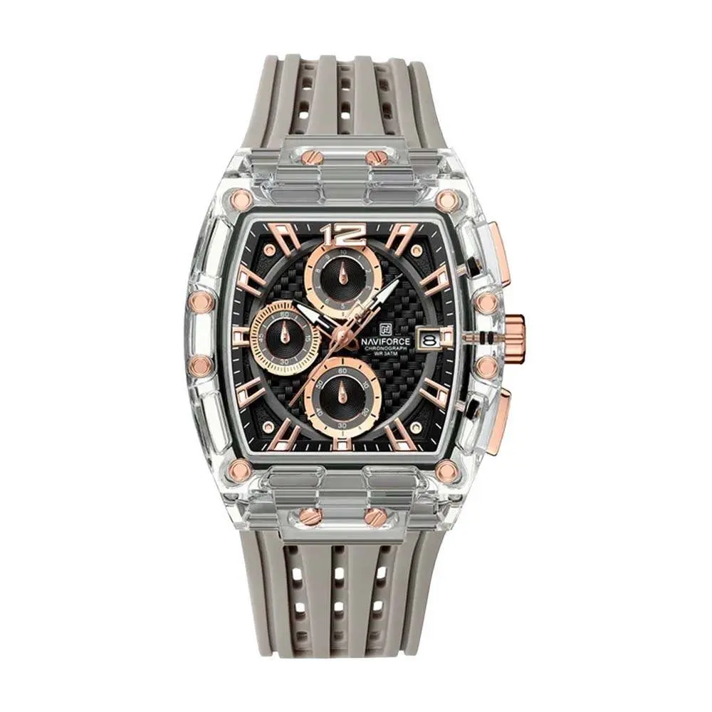 Naviforce NF7105 Comfortable Silicone Strap Multifunctional Chronograph Sports Men's Watch – Dial Color: Rose, Strap Color: Grey – View 1