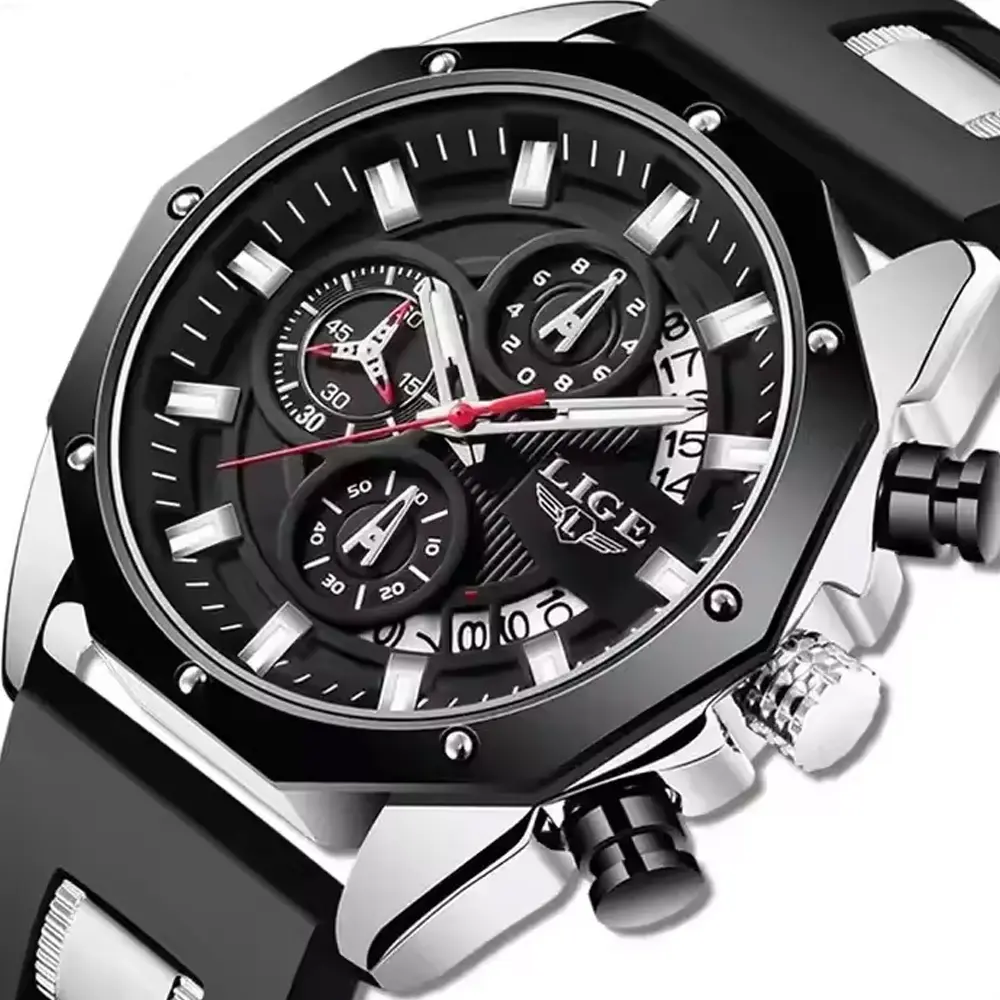 LIGE 8908 Analog Movement Premium Silicone Strap Men's Sports Watch – Dial Color: Silver, Strap Color: Black – View 1