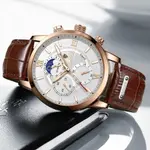LIGE 8932 Premium Moon Phase Leather Strap Luxury Men's Watch – Dial Color: White, Strap Color:  Brown  – Thumbnail 3