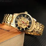 SKMEI 9222 Skeleton Hollow Automatic Mechanical Men's Watch – Dial Color: Black, Strap Color: Gold  – Thumbnail 3