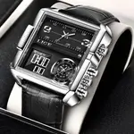 LIGE 8925 Premium Square Dual Time Leather Strap Luxury Men's Watch – Dial Color: Silver, Strap Color: Black – Thumbnail 2