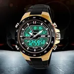 SKMEI 1016 Dual Time PU Leather Sporty Men's Watch – Dial Color: Black, Strap Color: Gold  – Thumbnail 2