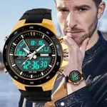 SKMEI 1016 Dual Time PU Leather Sporty Men's Watch – Dial Color: Black, Strap Color: Gold  – Thumbnail 3