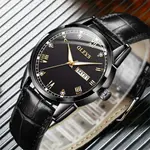 OLEVS 6896 Business Leather Strap Diamond Studded Gold Dial Waterproof Analog Wristwatch  – Dial Color: Black, Strap Color: Black – Thumbnail 2