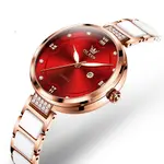 Olevs 5589 Fashion Quartz Round-dial Ceramic Analog Watch for Women – Dial Color: Red, Strap Color: White – Thumbnail 2