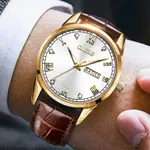 OLEVS 6896 Business Leather Strap Diamond Studded Gold Dial Waterproof Analog Wristwatch  – Dial Color: White Gold, Strap Color:  Brown  – Thumbnail 5