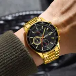 Nibosi 2530 Luxury Stainless Steel Chronograph Men's Watch – Dial Color: Black Gold, Strap Color: Gold – Thumbnail 3
