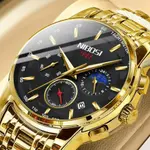 Nibosi 2516 High Quality Stainless Steel Luminous Men's Watch – Dial Color: Black, Strap Color: Gold  – Thumbnail 4