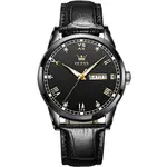 OLEVS 6896 Business Leather Strap Diamond Studded Gold Dial Waterproof Analog Wristwatch  – Dial Color: Black, Strap Color: Black – Thumbnail 1