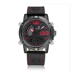 Naviforce NF9095 Comfortable Leather Strap Dual Movement Multi-Functional Fashion Men's Watch – Dial Color: Red, Strap Color: Black – Thumbnail 1