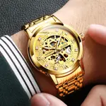 Olevs 9901 Diamond Hour Marker Stainless Steel Hollow Mechanical Men's Watch – Dial Color: Gold, Strap Color: Gold  – Thumbnail 3