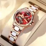Olevs 6639 automatic mechanical ceramic wristwatch set gift for women – Dial Color: Red, Strap Color: White – Thumbnail 2