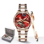Olevs 6639 automatic mechanical ceramic wristwatch set gift for women – Dial Color: Red, Strap Color: White – Thumbnail 1