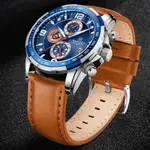 Naviforce NF8020L Luxury Leather Quartz Chronograph Casual Sports Style Men's Watch – Dial Color: Blue, Strap Color:  Brown  – Thumbnail 4