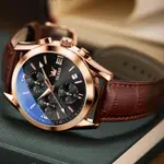 OLEVS 2872 Golden Sophistication Leather Chronograph Men's Quartz Watch – Dial Color: Black, Strap Color: Rose Gold – Thumbnail 2