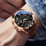 OLEVS 2872 Golden Sophistication Leather Chronograph Men's Quartz Watch – Dial Color: Black, Strap Color: Rose Gold – Thumbnail 3