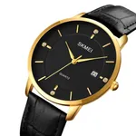 SKMEI 1801 Business Calendar Leather Strap Classic Quartz Watch – Dial Color: Gold, Strap Color: Black – Thumbnail 2