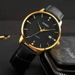 SKMEI 1801 Business Calendar Leather Strap Classic Quartz Watch – Dial Color: Gold, Strap Color: Black – Thumbnail 3