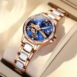 Olevs 6639 automatic mechanical ceramic wristwatch set gift for women – Dial Color: Blue, Strap Color: White – Thumbnail 2