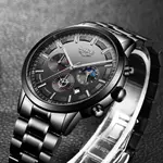 LIGE 9877 Stainless Steel Moon Phase Analog Luxury Men's Watch – Dial Color: Black, Strap Color: Black – Thumbnail 3