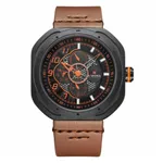 Naviforce NF9141 Rounded Square Quartz Leather Strap Men's Watch – Dial Color: Orange, Strap Color:  Brown  – Thumbnail 1