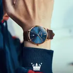 OLEVS 5869 Comfy Leather Strap Waterproof Ultra Slim Couple's Wristwatch – Dial Color: Blue, Strap Color:  Brown  – Thumbnail 4