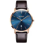 OLEVS 5869 Comfy Leather Strap Waterproof Ultra Slim Couple's Wristwatch – Dial Color: Blue, Strap Color:  Brown  – Thumbnail 2