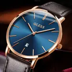 OLEVS 5869 Comfy Leather Strap Waterproof Ultra Slim Couple's Wristwatch – Dial Color: Blue, Strap Color:  Brown  – Thumbnail 3