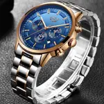 LIGE 9877 Stainless Steel Moon Phase Analog Luxury Men's Watch – Dial Color: Blue, Strap Color: Rose – Thumbnail 2