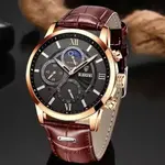 LIGE 8932 Premium Moon Phase Leather Strap Luxury Men's Watch – Dial Color: Black, Strap Color:  Brown  – Thumbnail 4