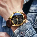 OLEVS 2872 Golden Sophistication Leather Chronograph Men's Quartz Watch – Dial Color: Black Gold, Strap Color:  Brown  – Thumbnail 3