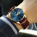 OLEVS 6898 Valentine's Calendar Display Leather Strap Couple's Quartz Watch – Dial Color: Blue Gold, Strap Color:  Brown  – Thumbnail 2