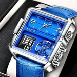 LIGE 8925 Premium Square Dual Time Leather Strap Luxury Men's Watch – Dial Color: Blue, Strap Color: Blue – Thumbnail 2