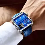 LIGE 8925 Premium Square Dual Time Leather Strap Luxury Men's Watch – Dial Color: Blue, Strap Color: Blue – Thumbnail 3