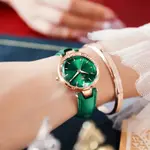 Olevs 6645 Diamond Studded Rose Gold Dial Leather Strap Waterproof Quartz Analog Women's Watch – Dial Color: Green, Strap Color: Green  – Thumbnail 4