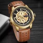 NAVIFORCE NF9142 PU Leather Chronograph Men's Watch – Dial Color: Gold, Strap Color:  Brown  – Thumbnail 3