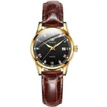 OLEVS 6896 Business Leather Strap Diamond Studded Gold Dial Waterproof Analog Wristwatch  – Dial Color: Black Gold, Strap Color:  Brown  – Thumbnail 3