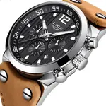 LIGE 9890 Analog High Quality Leather Quartz Chronograph Casual Men's Watch – Dial Color: Silver, Strap Color:  Brown  – Thumbnail 2
