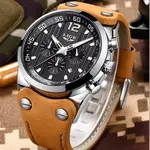 LIGE 9890 Analog High Quality Leather Quartz Chronograph Casual Men's Watch – Dial Color: Silver, Strap Color:  Brown  – Thumbnail 3