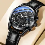 OLEVS 2871 Bold Style Leather Strap Luminous Chronograph Men's Quartz Wristwatch – Dial Color: Black, Strap Color: Black – Thumbnail 4